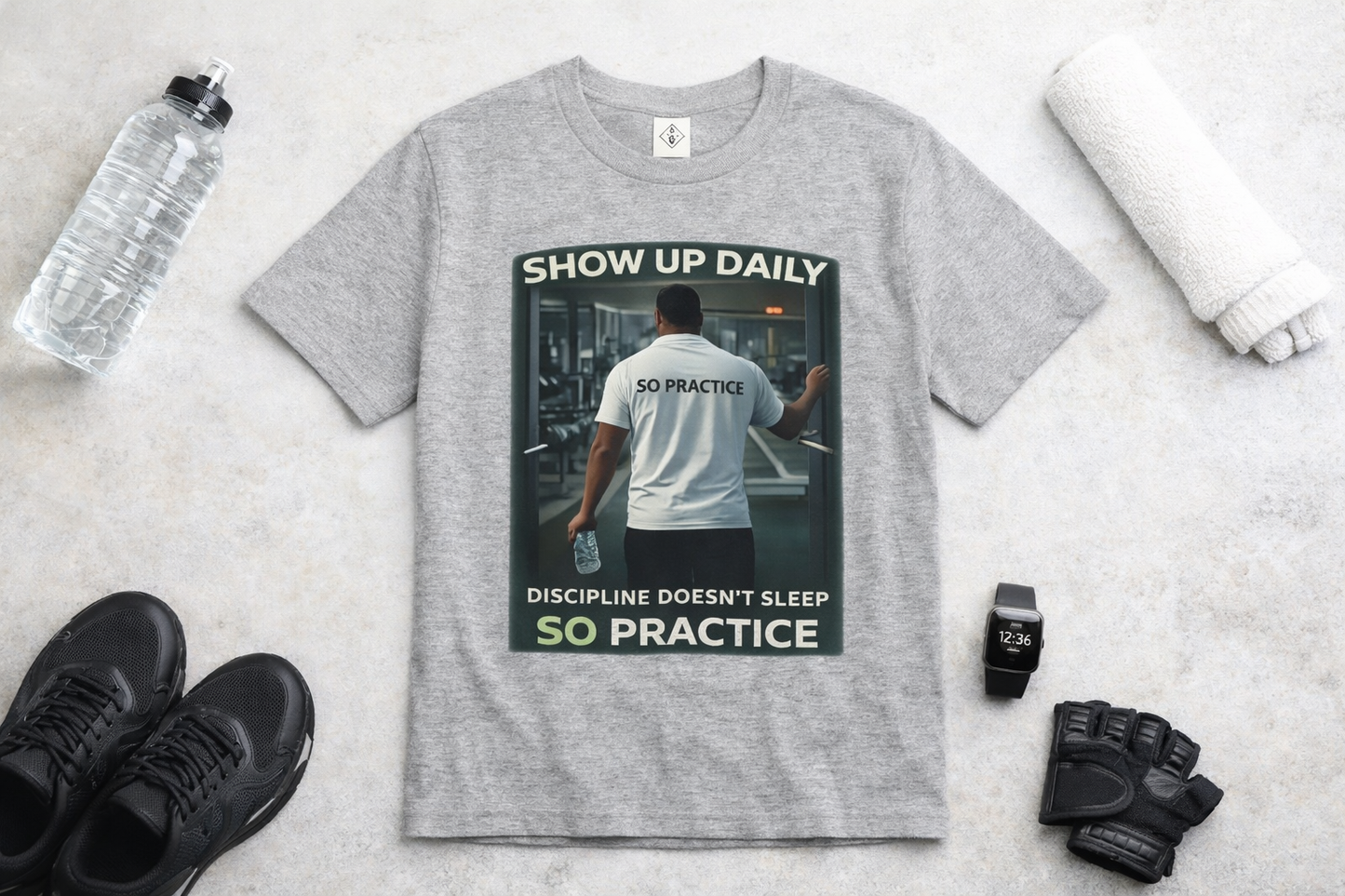 Motivational Gym T‑Shirt Male version — "Show Up Daily / So Practice" Workout Tee