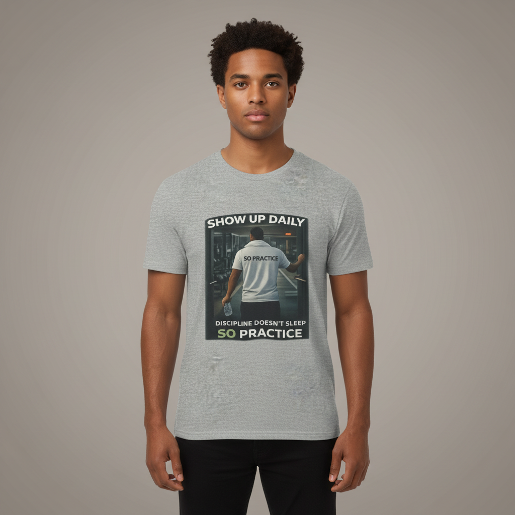 Motivational Gym T‑Shirt Male version — "Show Up Daily / So Practice" Workout Tee