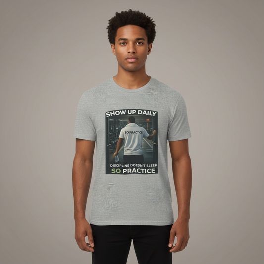Motivational Gym T‑Shirt Male version — "Show Up Daily / So Practice" Workout Tee
