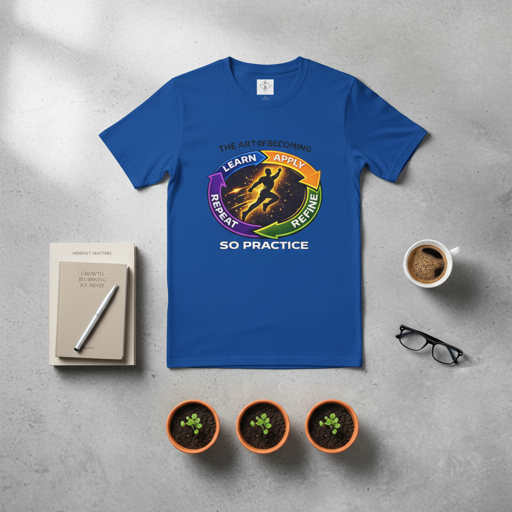 Blue shirt flat lay with books and coffee