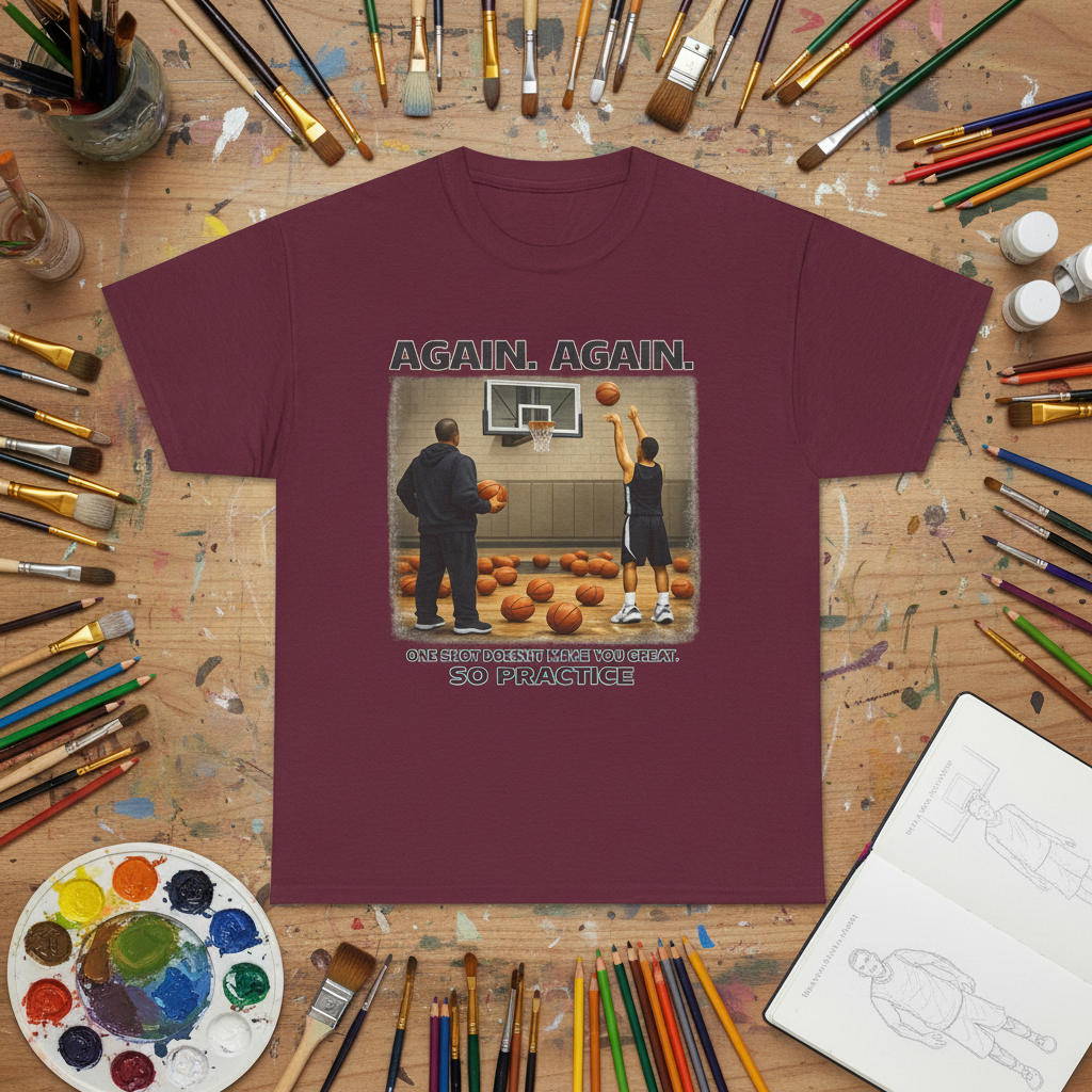 Maroon shirt with art supplies