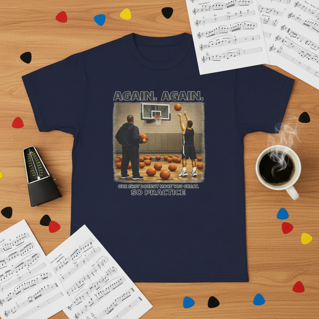 Navy shirt with music practice elements