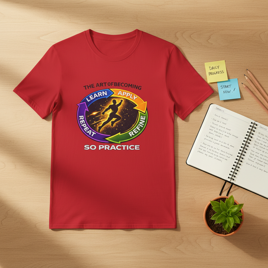 Red shirt flat lay with journal and growth elements