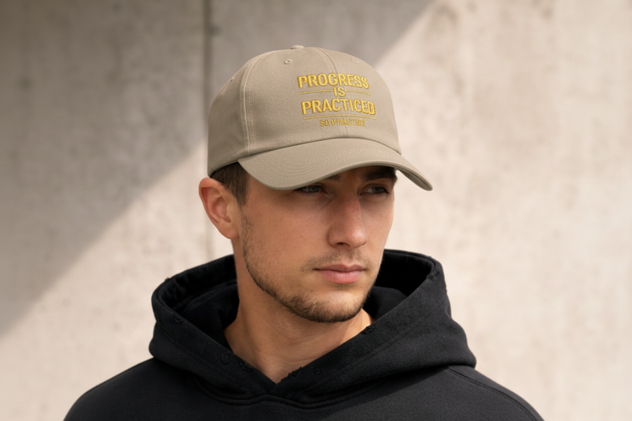 Stone colored cap with gold text
